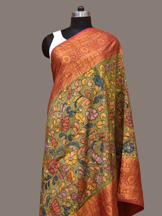 Green and Pink Kalamkari Hand Painted Kanchipuram Silk Handloom Dupatta with Floral and Peacocks Design - Global Threads | Swadesiicart