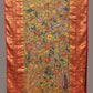 Green and Pink Kalamkari Hand Painted Kanchipuram Silk Handloom Dupatta with Floral and Peacocks Design - Global Threads | Swadesiicart