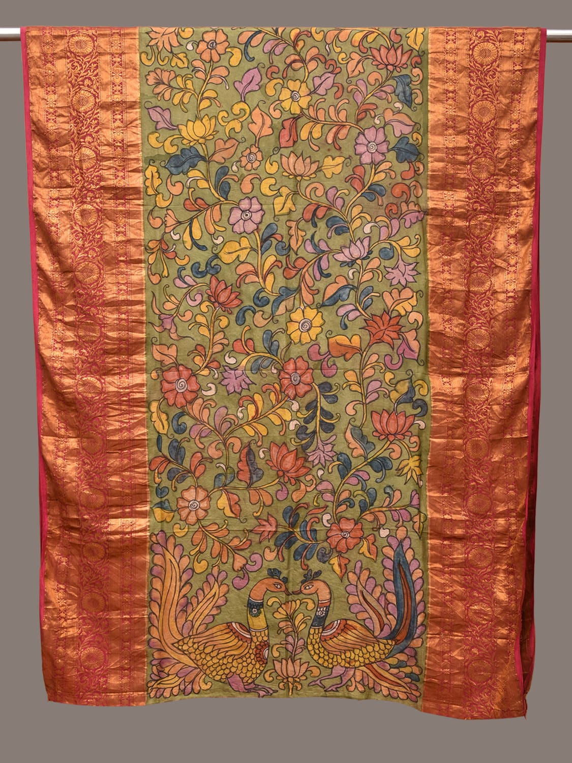 Green and Pink Kalamkari Hand Painted Kanchipuram Silk Handloom Dupatta with Floral and Peacocks Design - Global Threads | Swadesiicart