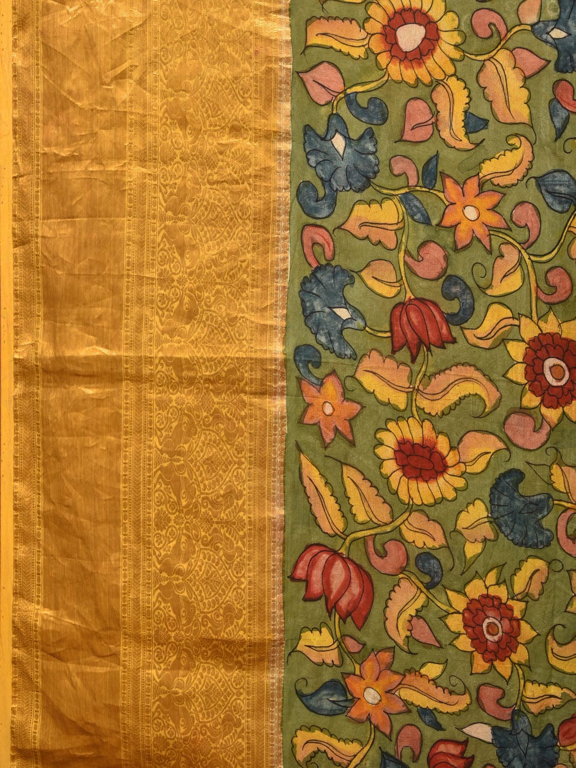 Green and Purple Bandhani Kanchipuram Silk Handloom Saree with Kalamkari Floral Body Design - Global Threads | Swadesiicart
