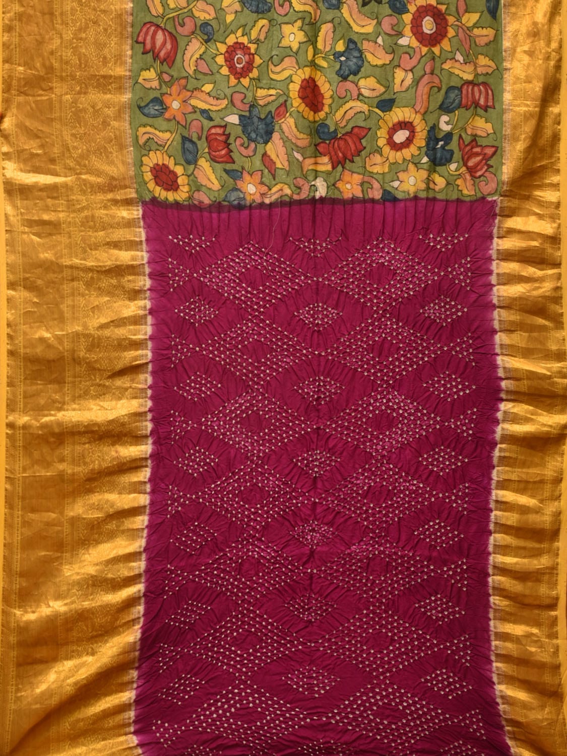 Green and Purple Bandhani Kanchipuram Silk Handloom Saree with Kalamkari Floral Body Design - Global Threads | Swadesiicart
