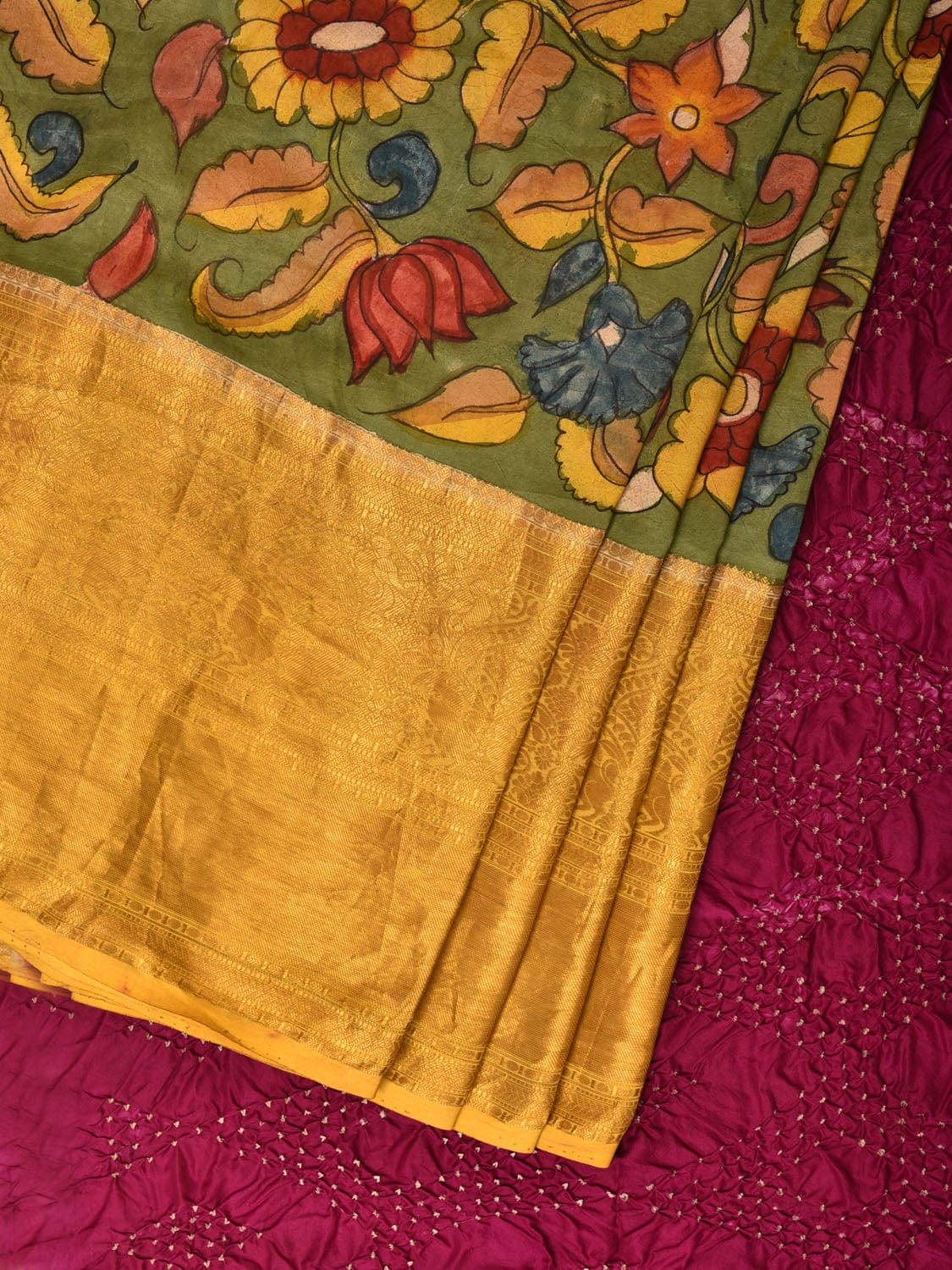 Green and Purple Bandhani Kanchipuram Silk Handloom Saree with Kalamkari Floral Body Design - Global Threads | Swadesiicart