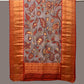 Green and Red Kalamkari Hand Painted Kanchipuram Silk Handloom Dupatta with Floral Design - Global Threads | Swadesiicart