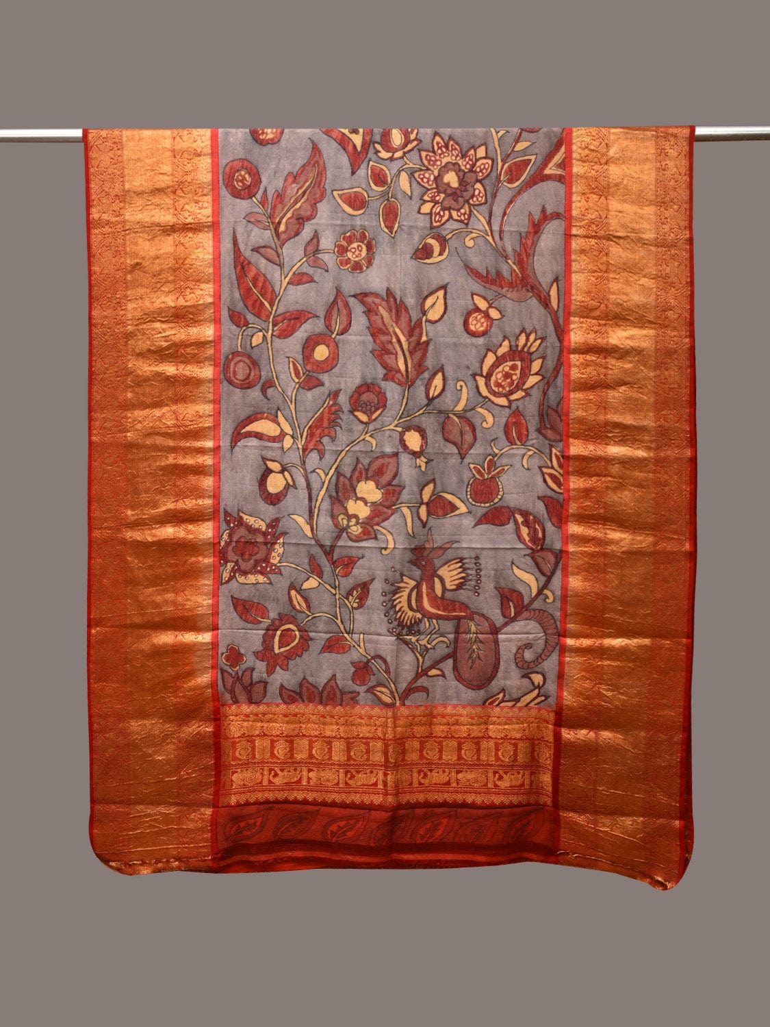 Green and Red Kalamkari Hand Painted Kanchipuram Silk Handloom Dupatta with Floral Design - Global Threads | Swadesiicart