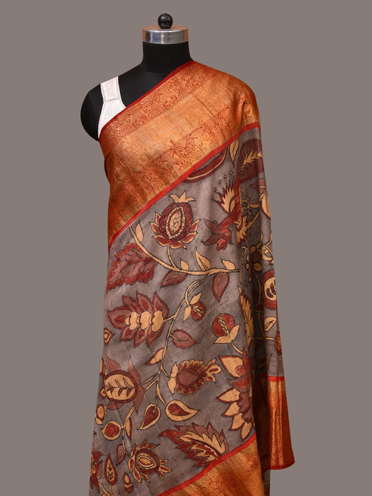Green and Red Kalamkari Hand Painted Kanchipuram Silk Handloom Dupatta with Floral Design - Global Threads | Swadesiicart