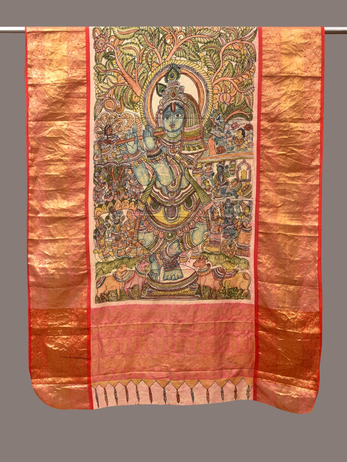 Green and Red Kalamkari Hand Painted Kanchipuram Silk Handloom Dupatta with Krishna Design - Global Threads | Swadesiicart