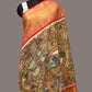 Green and Red Kalamkari Hand Painted Kanchipuram Silk Handloom Dupatta with Krishna Design - Global Threads | Swadesiicart