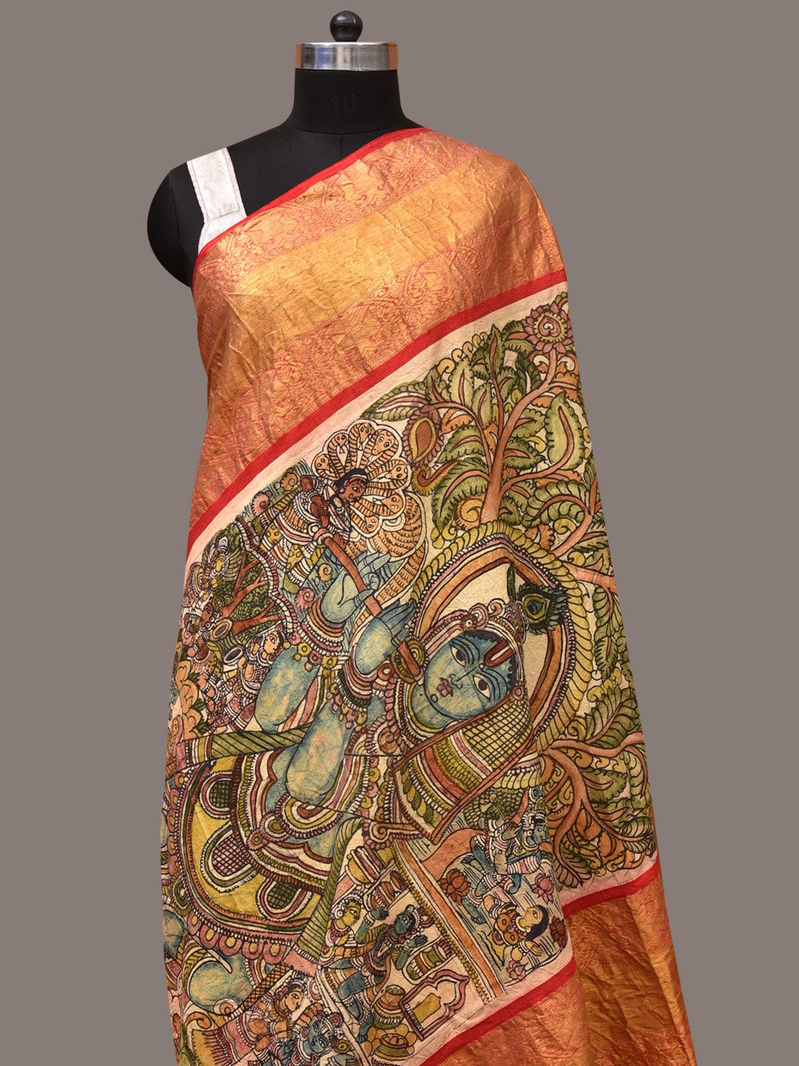 Green and Red Kalamkari Hand Painted Kanchipuram Silk Handloom Dupatta with Krishna Design - Global Threads | Swadesiicart