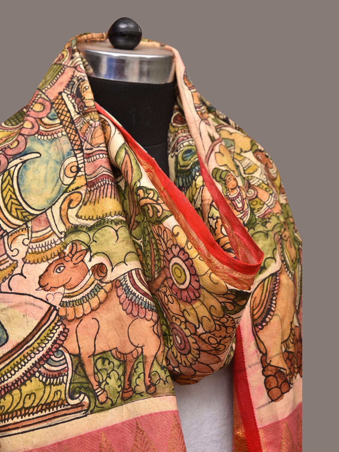 Green and Red Kalamkari Hand Painted Kanchipuram Silk Handloom Dupatta with Krishna Design - Global Threads | Swadesiicart