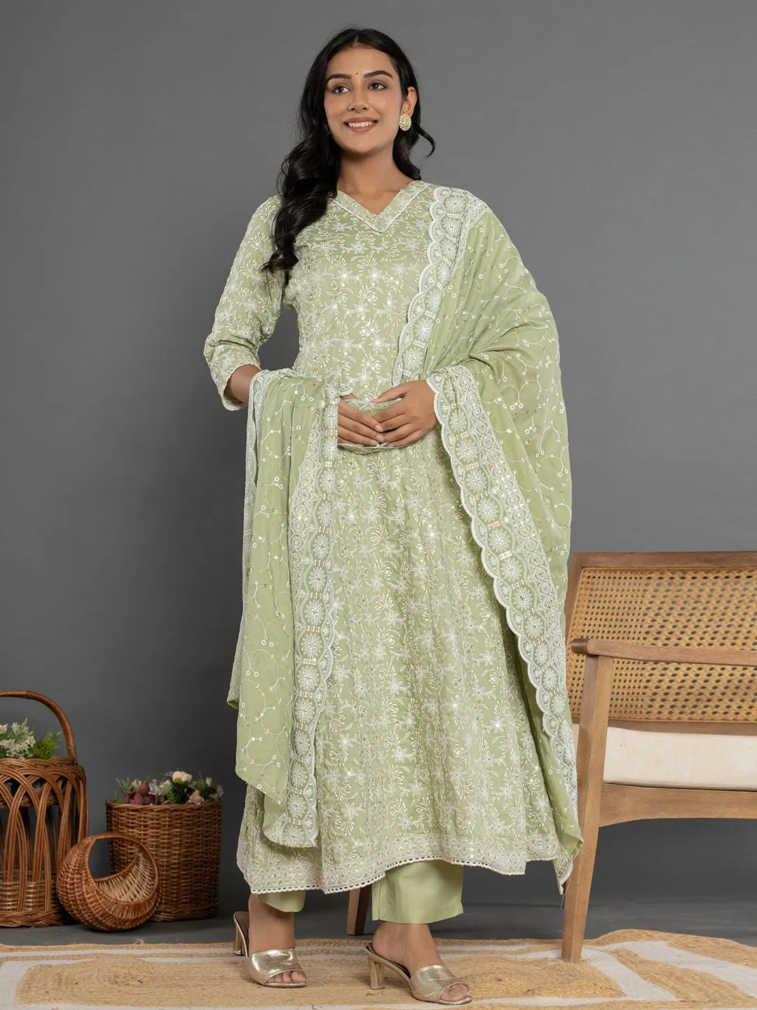 Yufta Green Cotton Silk Embroidered Anarkali Kurta Dupatta Set - Swadesiicart