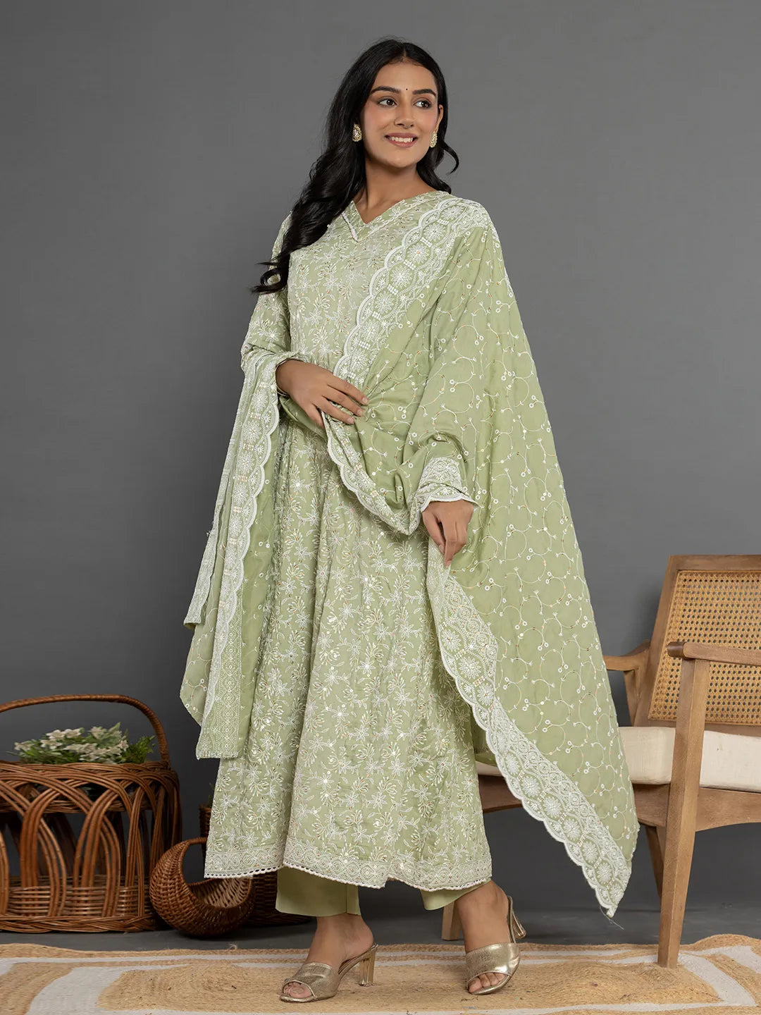 Yufta Green Cotton Silk Embroidered Anarkali Kurta Dupatta Set - Swadesiicart