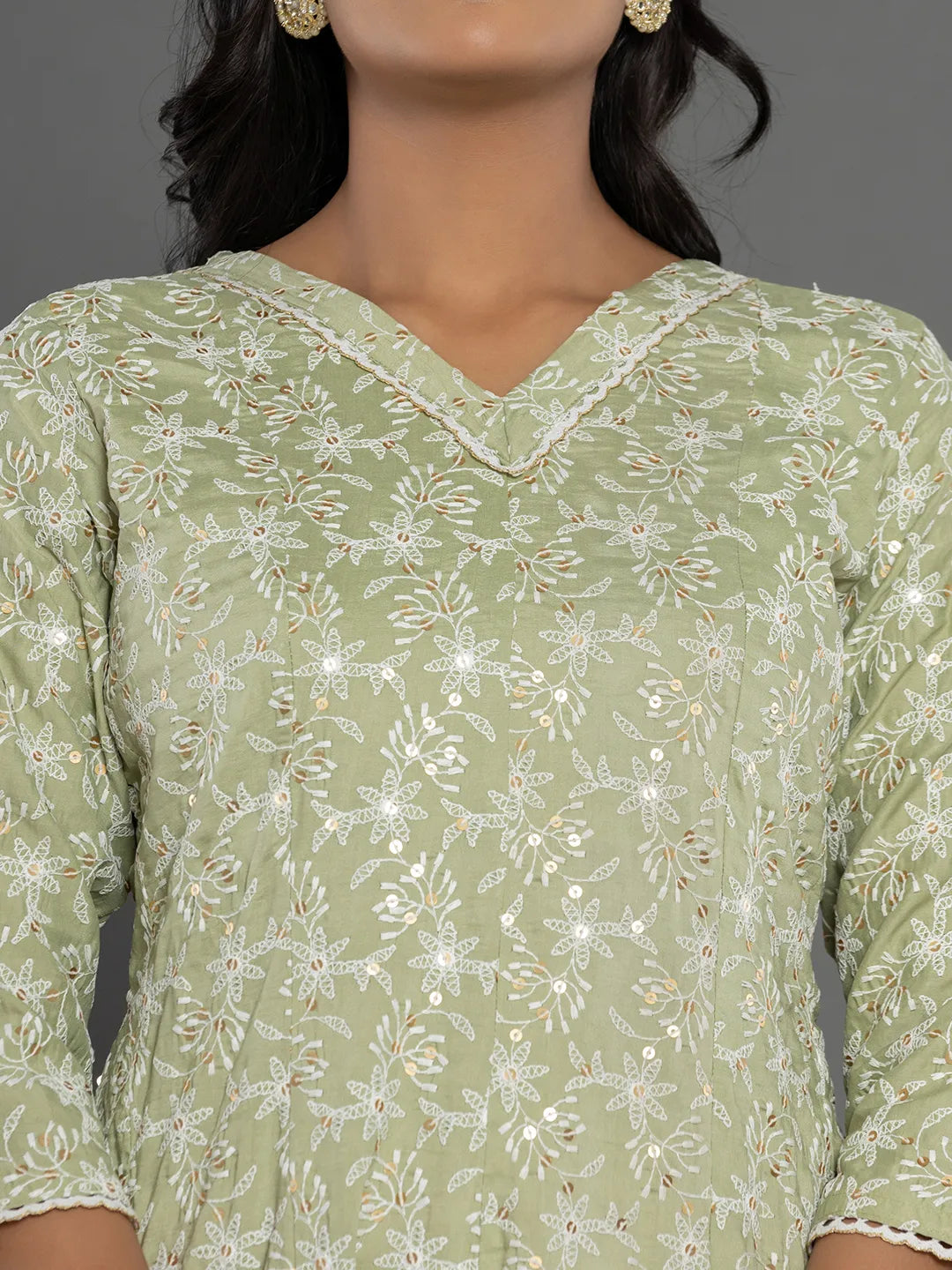 Yufta Green Cotton Silk Embroidered Anarkali Kurta Dupatta Set - Swadesiicart