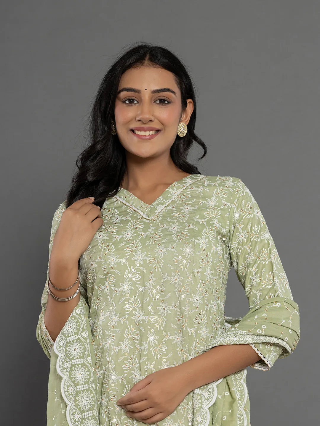 Yufta Green Cotton Silk Embroidered Anarkali Kurta Dupatta Set - Swadesiicart