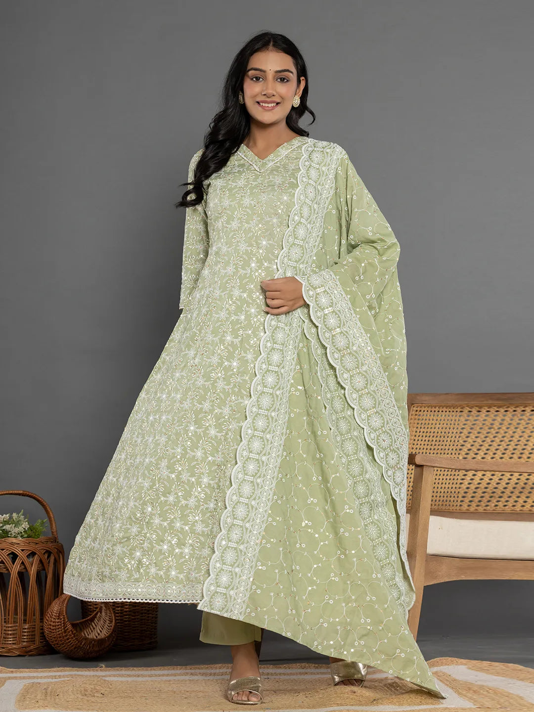 Yufta Green Cotton Silk Embroidered Anarkali Kurta Dupatta Set - Swadesiicart