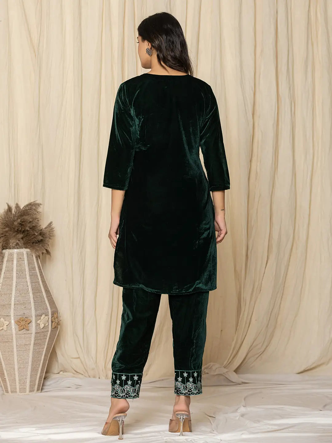 Yufta Green Embroidered Velvet Co-Ord Set - Swadesiicart