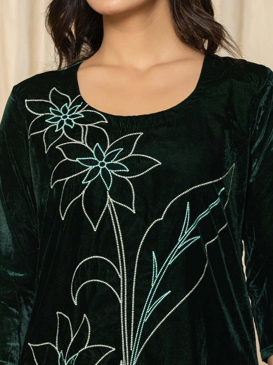 Yufta Green Embroidered Velvet Co-Ord Set - Swadesiicart