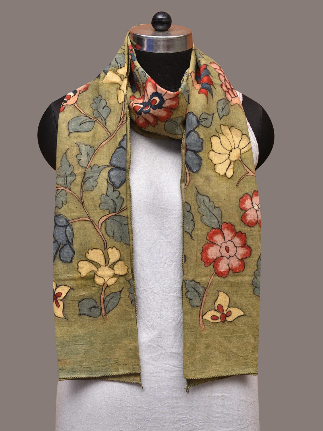 Green Kalamkari Hand Painted Cotton Stole with Floral Design - Global Threads | Swadesiicart
