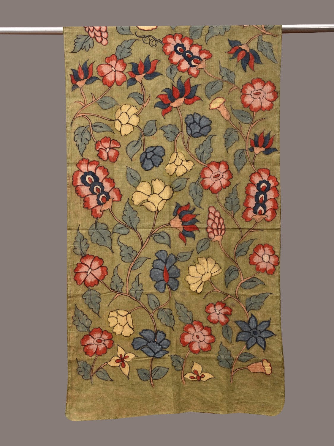 Green Kalamkari Hand Painted Cotton Stole with Floral Design - Global Threads | Swadesiicart