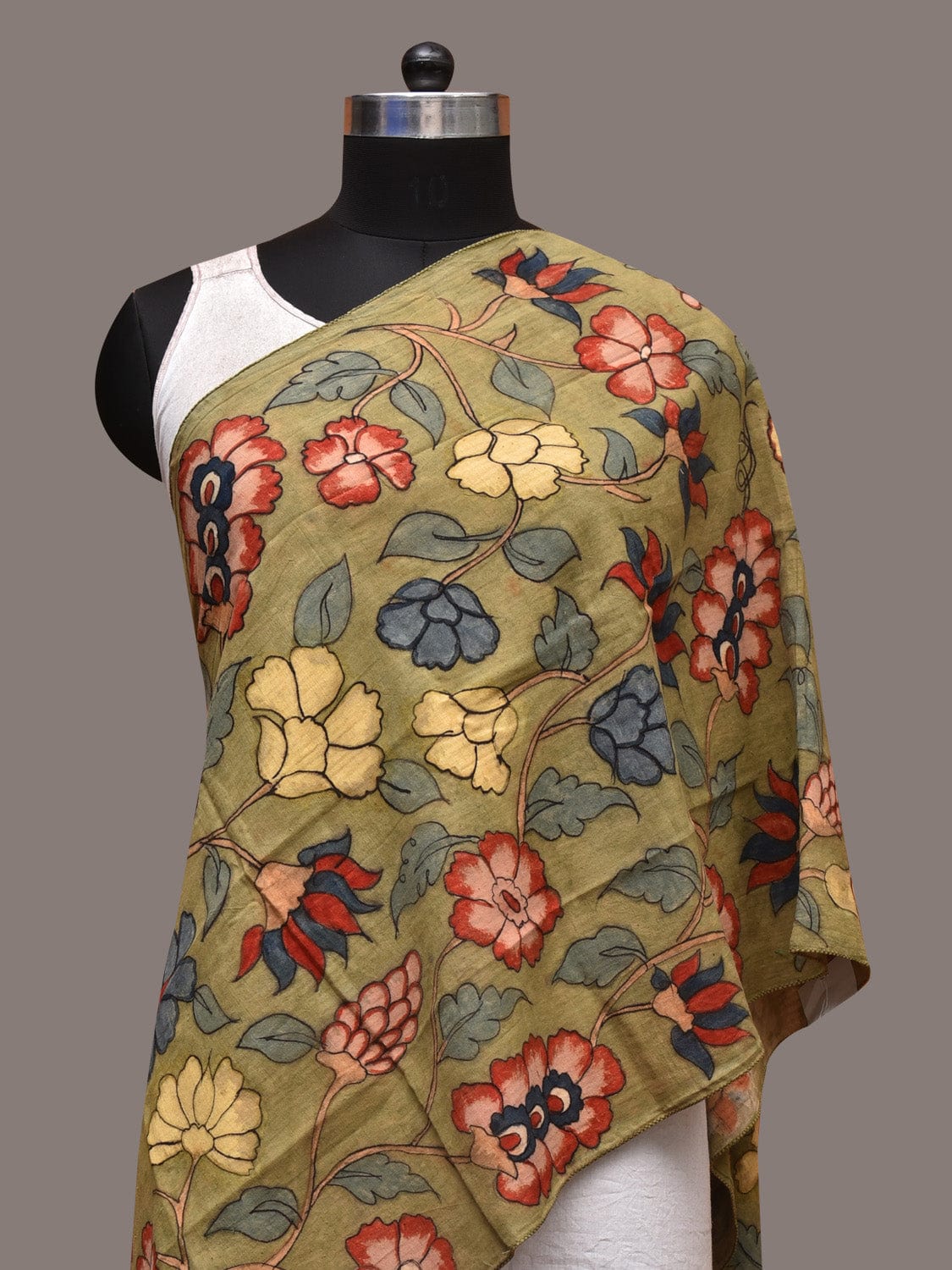 Green Kalamkari Hand Painted Cotton Stole with Floral Design - Global Threads | Swadesiicart