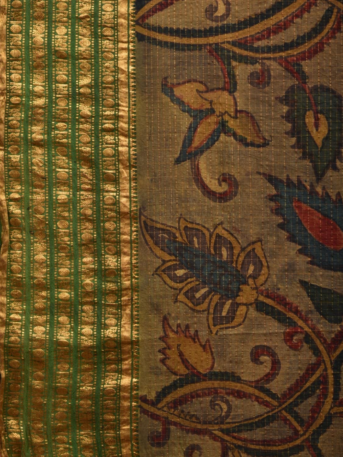 Green Kalamkari Hand Painted Gadwal Silk Handloom Saree with Floral Design - Global Threads | Swadesiicart