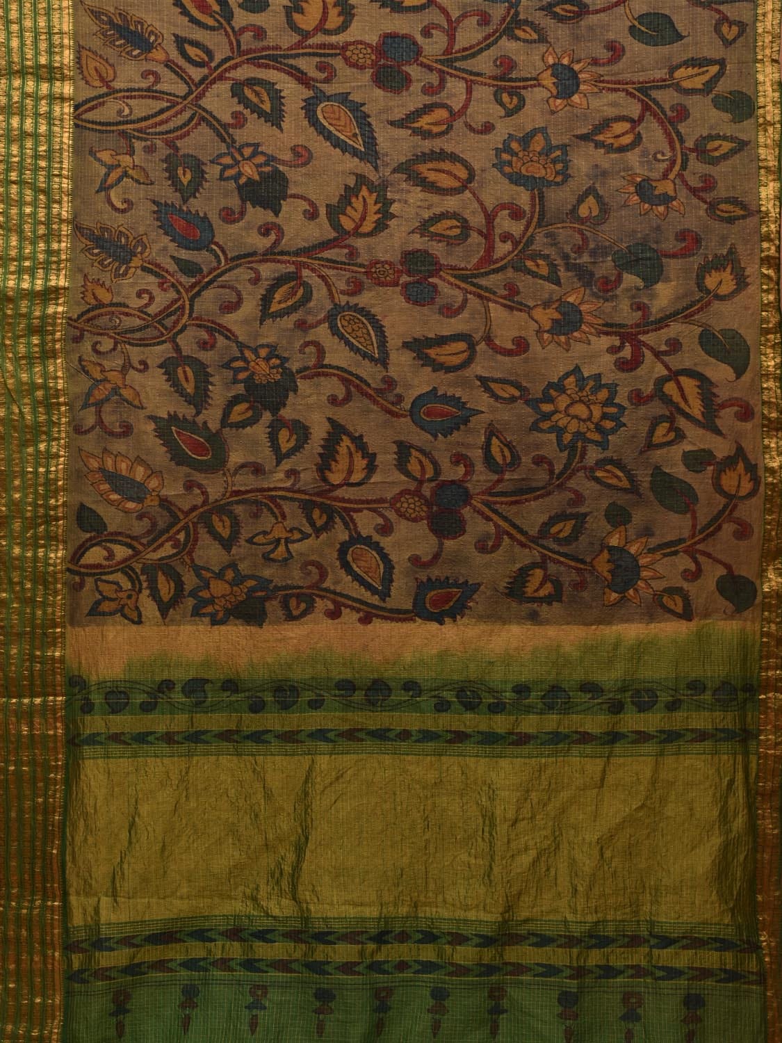 Green Kalamkari Hand Painted Gadwal Silk Handloom Saree with Floral Design - Global Threads | Swadesiicart