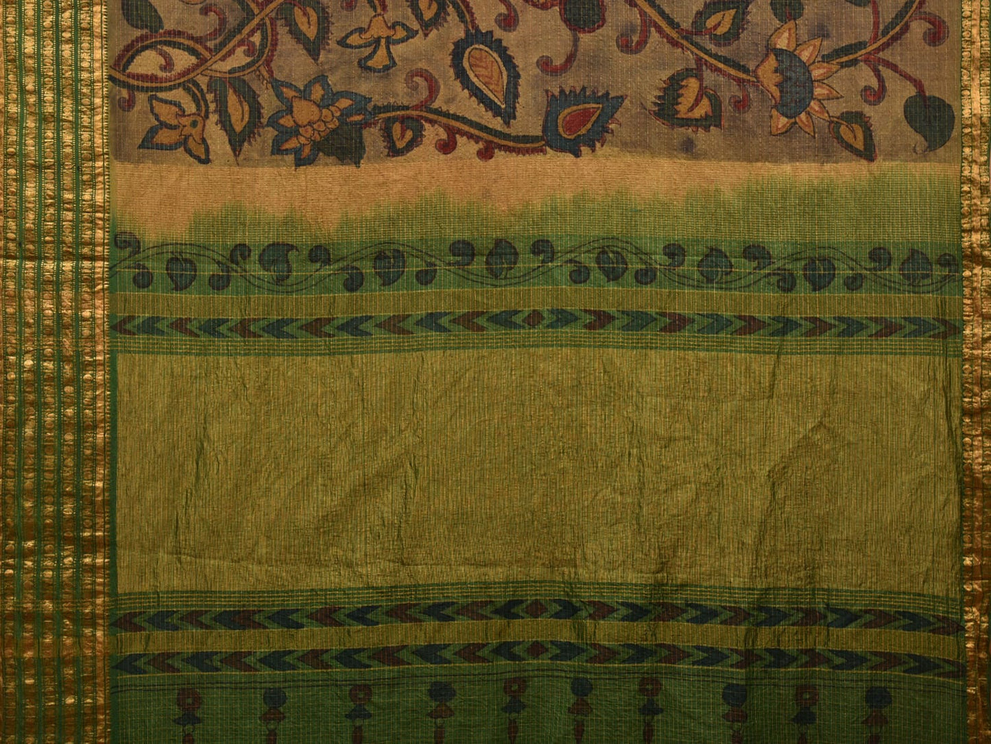 Green Kalamkari Hand Painted Gadwal Silk Handloom Saree with Floral Design - Global Threads | Swadesiicart