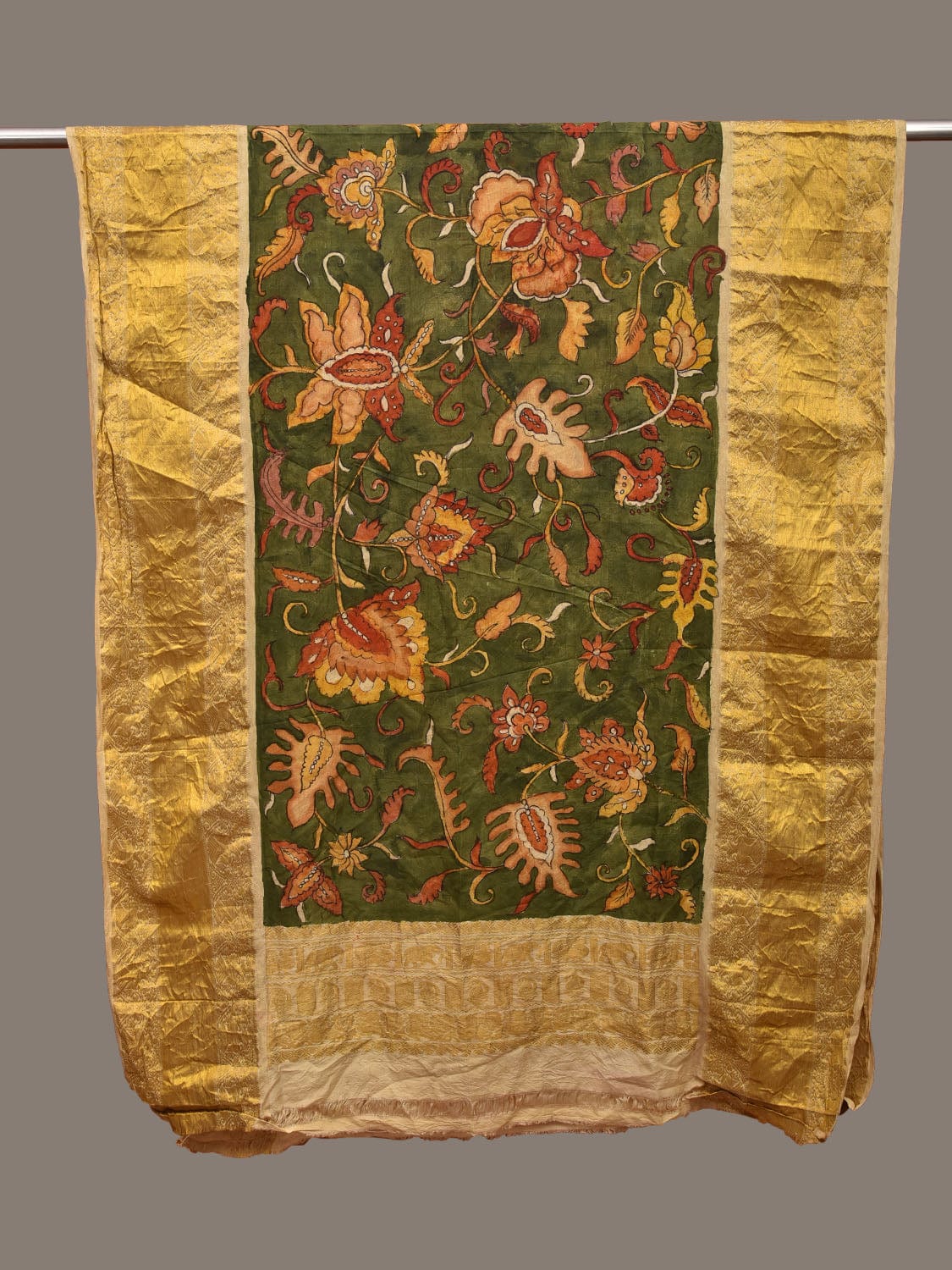Green Kalamkari Hand Painted Kanchipuram Silk Handloom Dupatta with Floral Design - Global Threads | Swadesiicart
