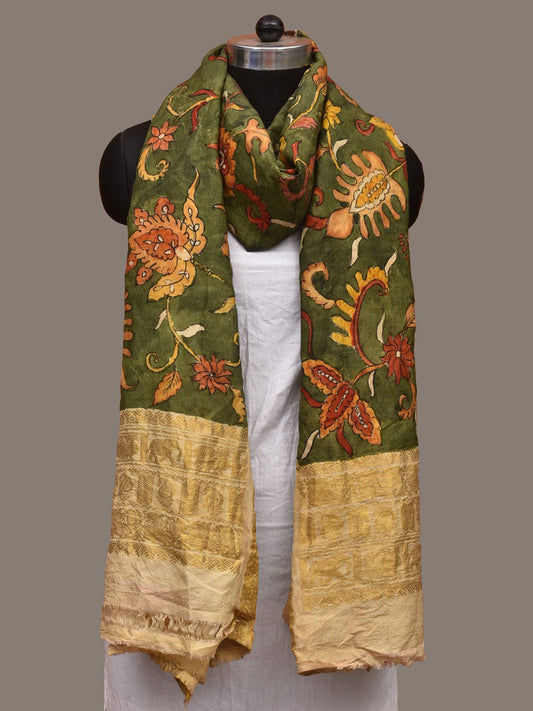 Green Kalamkari Hand Painted Kanchipuram Silk Handloom Dupatta with Floral Design - Global Threads | Swadesiicart
