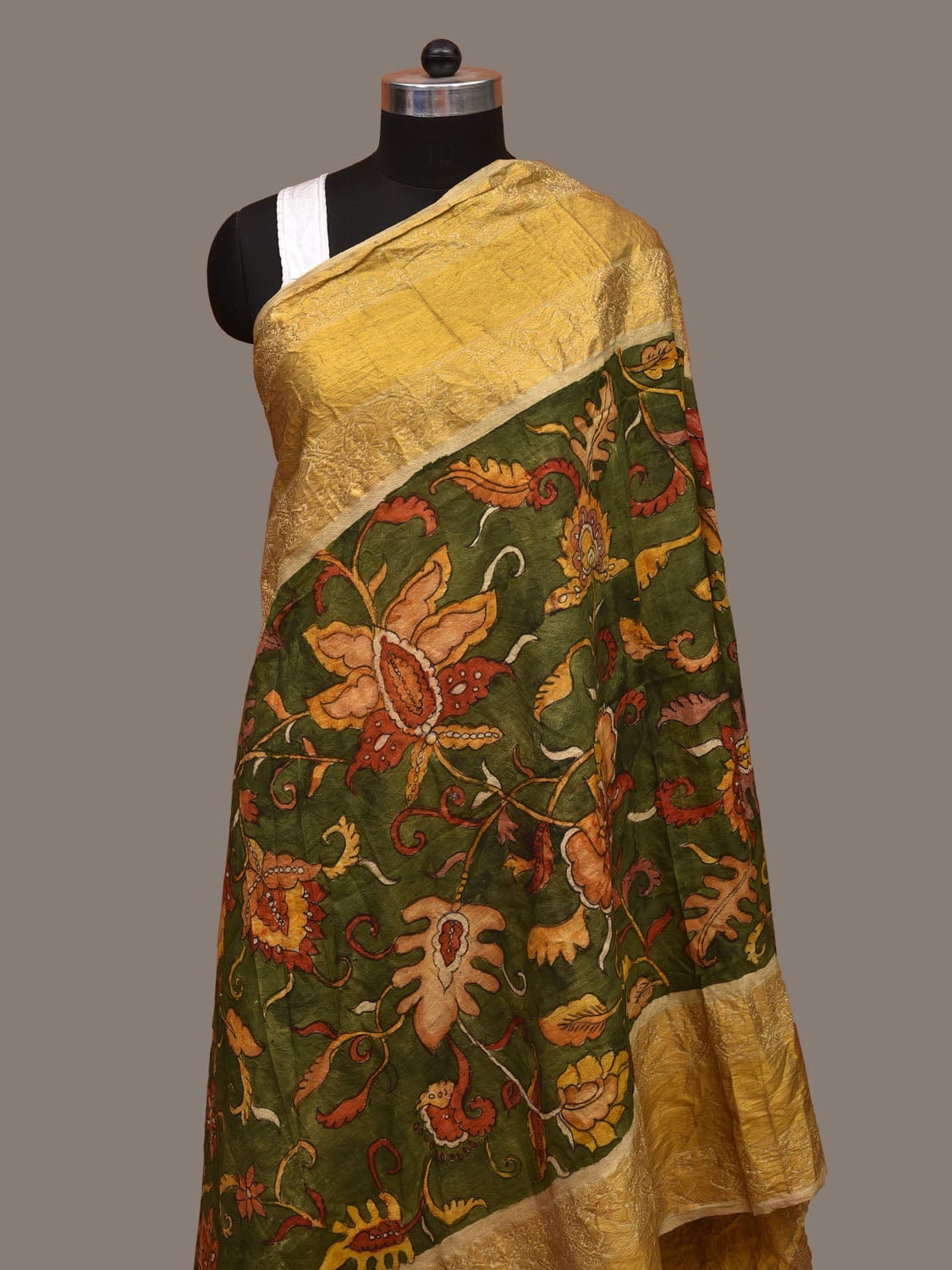 Green Kalamkari Hand Painted Kanchipuram Silk Handloom Dupatta with Floral Design - Global Threads | Swadesiicart