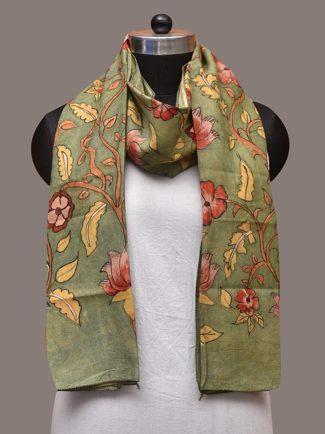 Green Kalamkari Hand Painted Sico Stole with Floral Design - Global Threads | Swadesiicart