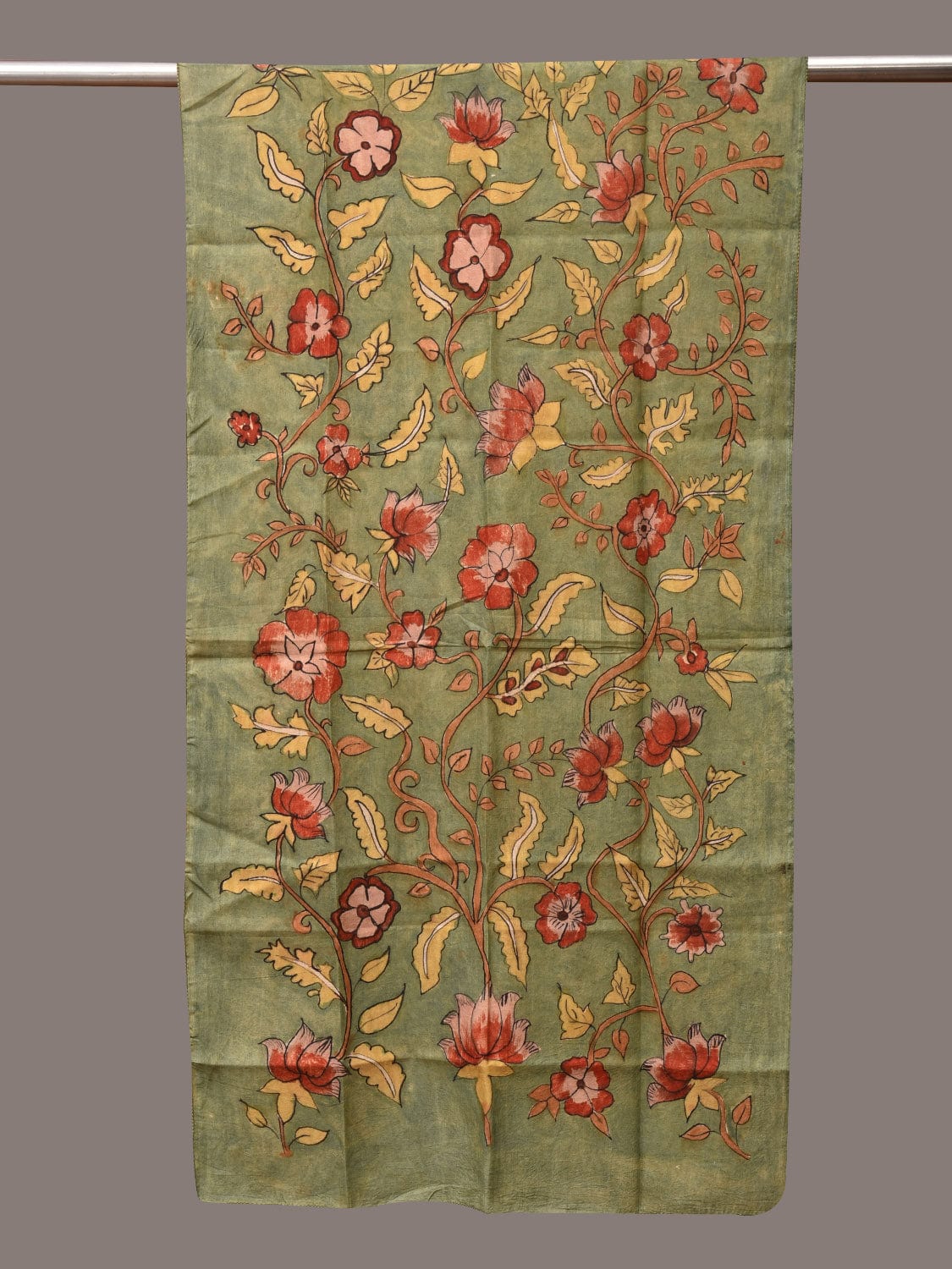 Green Kalamkari Hand Painted Sico Stole with Floral Design - Global Threads | Swadesiicart