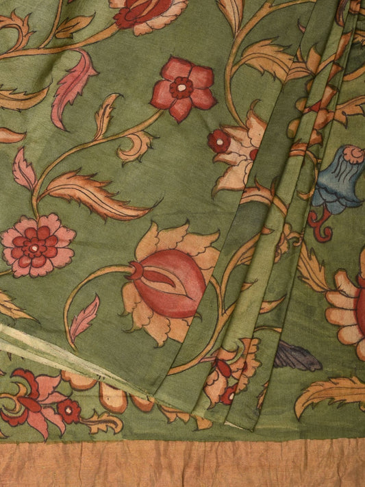 Green Kalamkari Hand Painted Tussar Cotton Handloom Saree with Floral Design - Global Threads | Swadesiicart