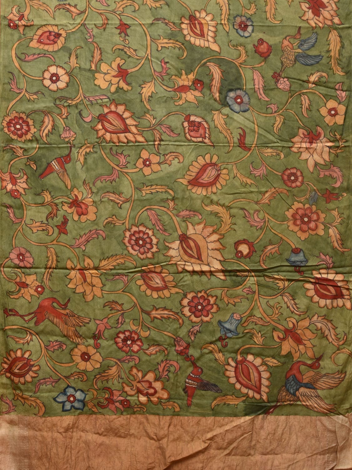 Green Kalamkari Hand Painted Tussar Cotton Handloom Saree with Floral Design - Global Threads | Swadesiicart