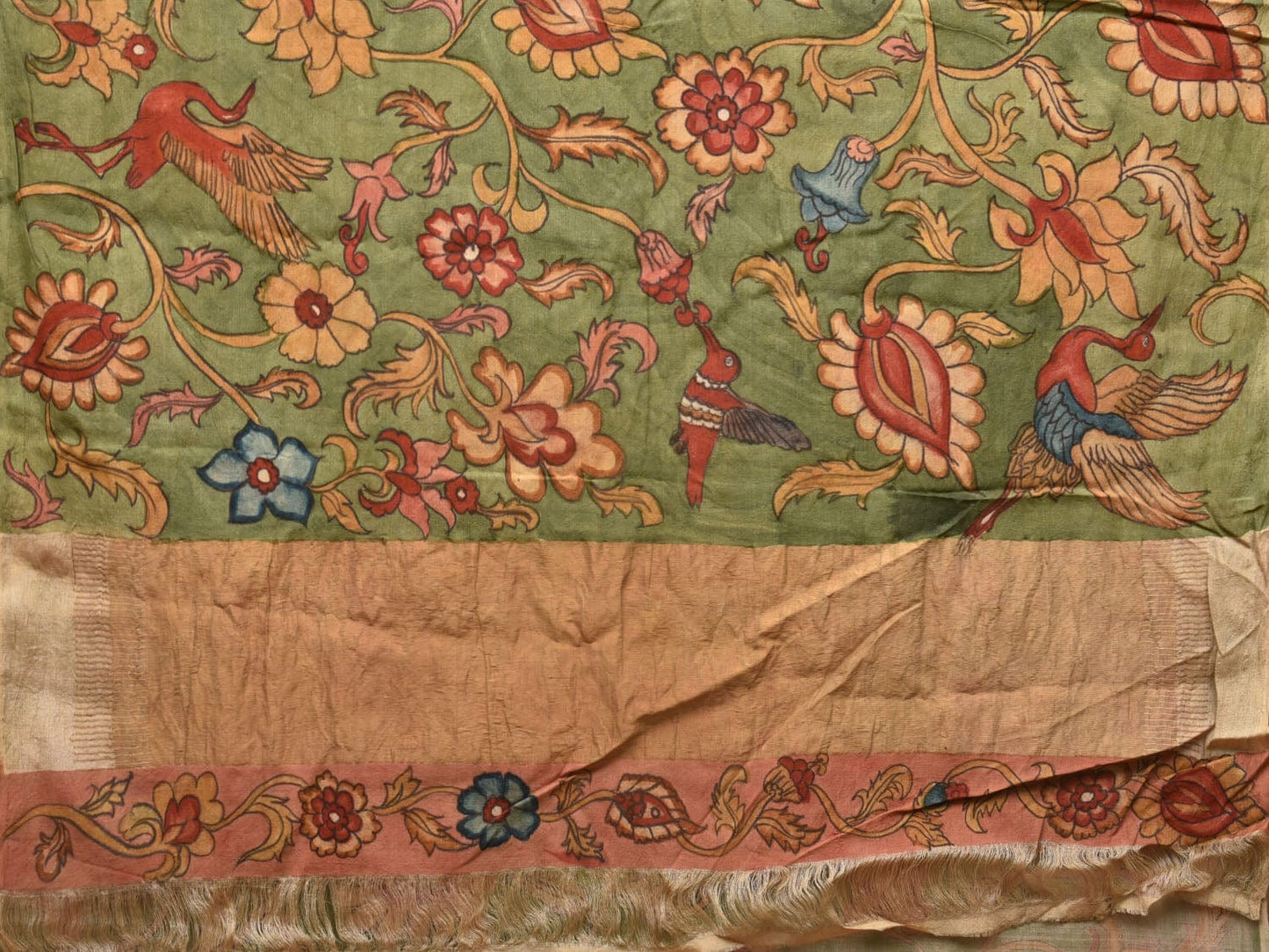 Green Kalamkari Hand Painted Tussar Cotton Handloom Saree with Floral Design - Global Threads | Swadesiicart