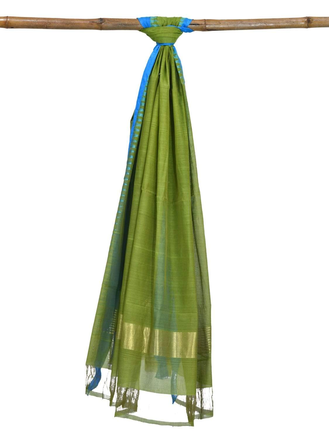 Green Khadi Cotton Handloom Dupatta with Silk Temple Border - Global Threads | Swadesiicart