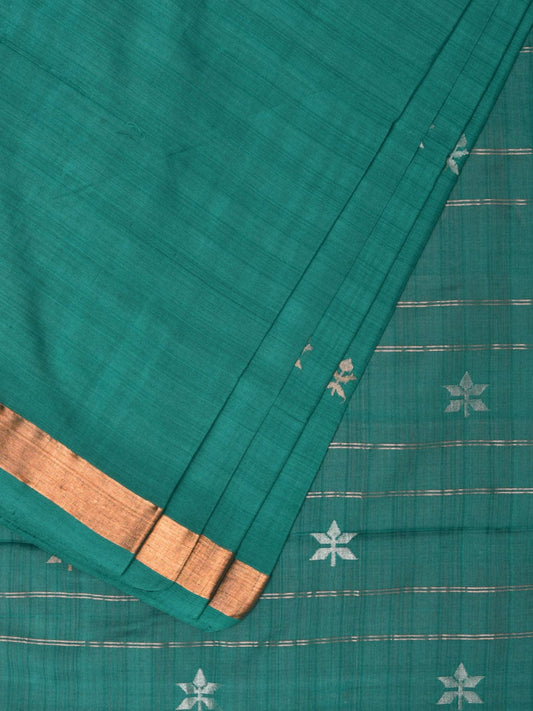 Green Khadi Cotton Handloom Saree with Jamdani Body Buta Design - Global Threads | Swadesiicart
