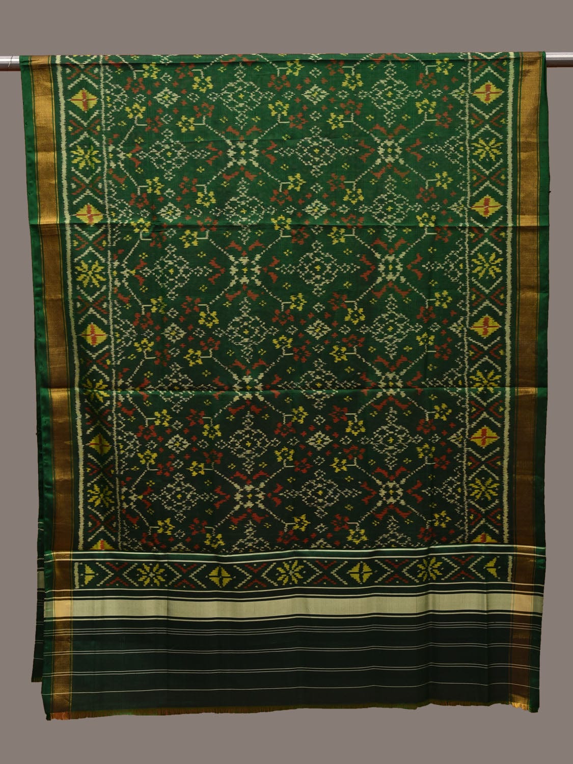 Green Pochampally Ikat Silk Handloom Dupatta with Grill Design - Global Threads | Swadesiicart