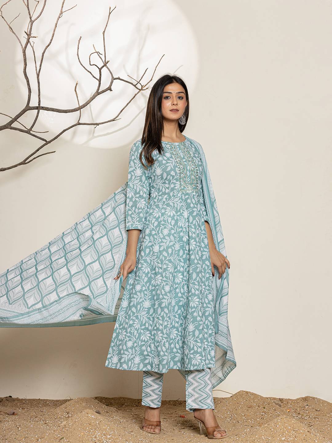 Yufta Green Sequins Workthread Work Cotton Anarkali Kurta And Trouser With Dupatta - Swadesiicart