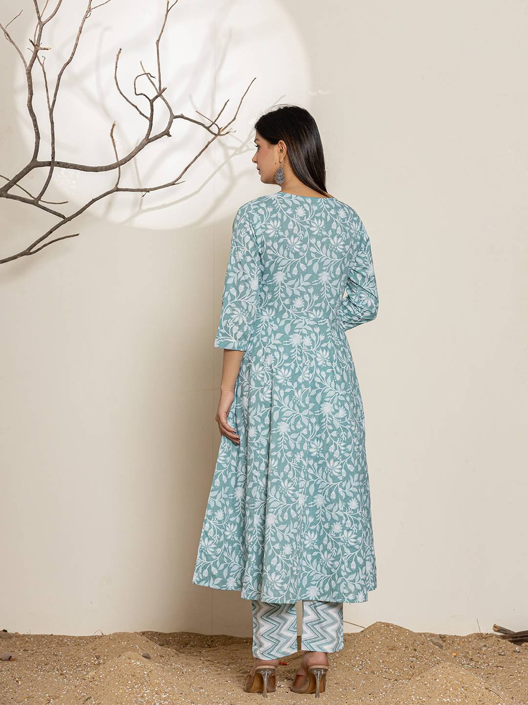 Yufta Green Sequins Workthread Work Cotton Anarkali Kurta And Trouser With Dupatta - Swadesiicart