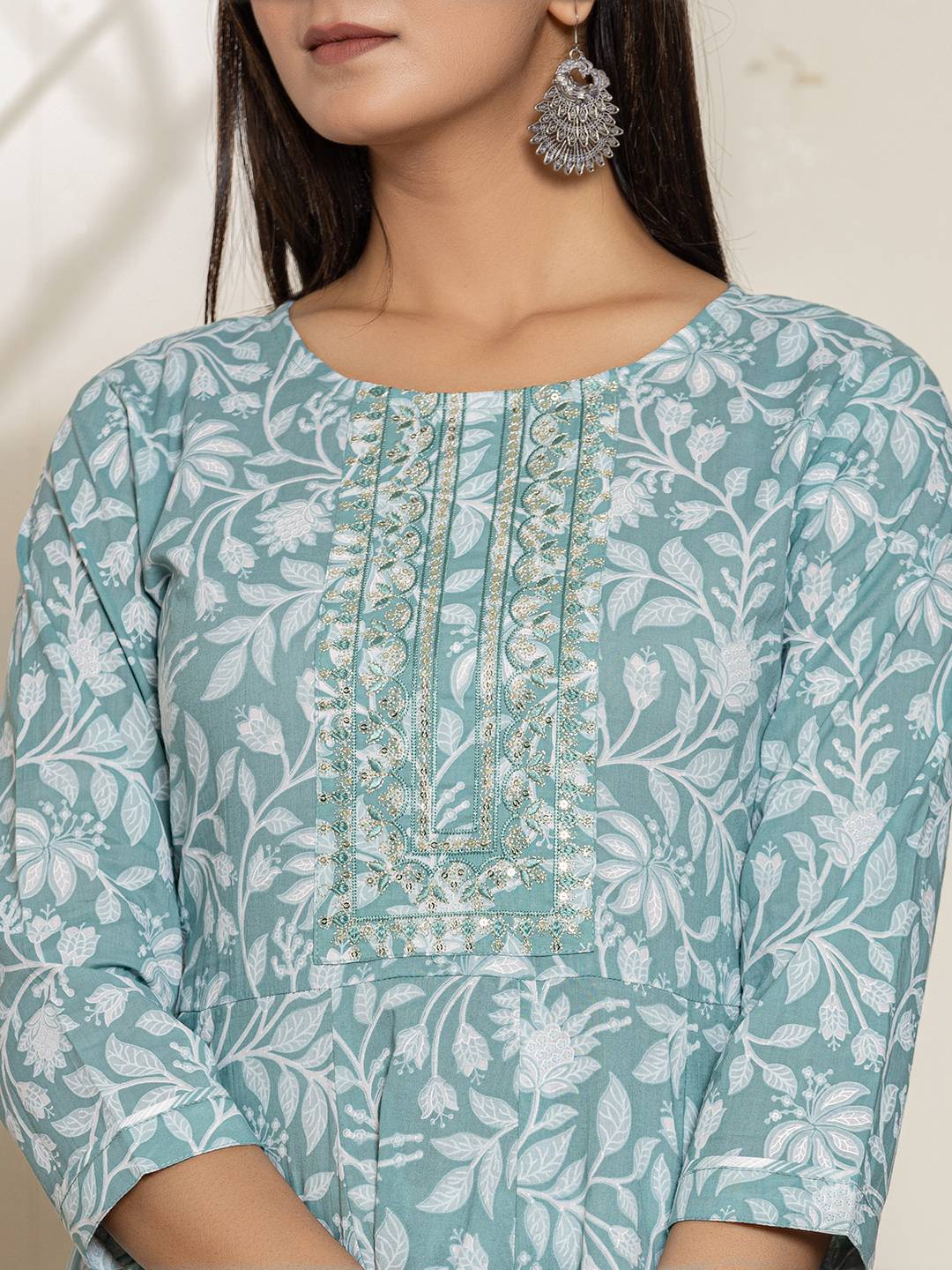 Yufta Green Sequins Workthread Work Cotton Anarkali Kurta And Trouser With Dupatta - Swadesiicart