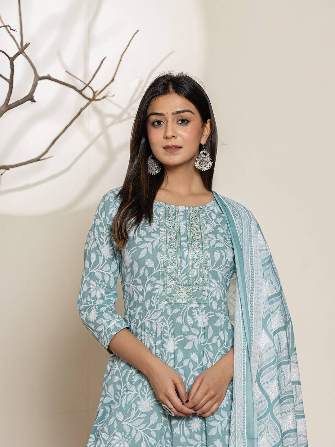 Yufta Green Sequins Workthread Work Cotton Anarkali Kurta And Trouser With Dupatta - Swadesiicart