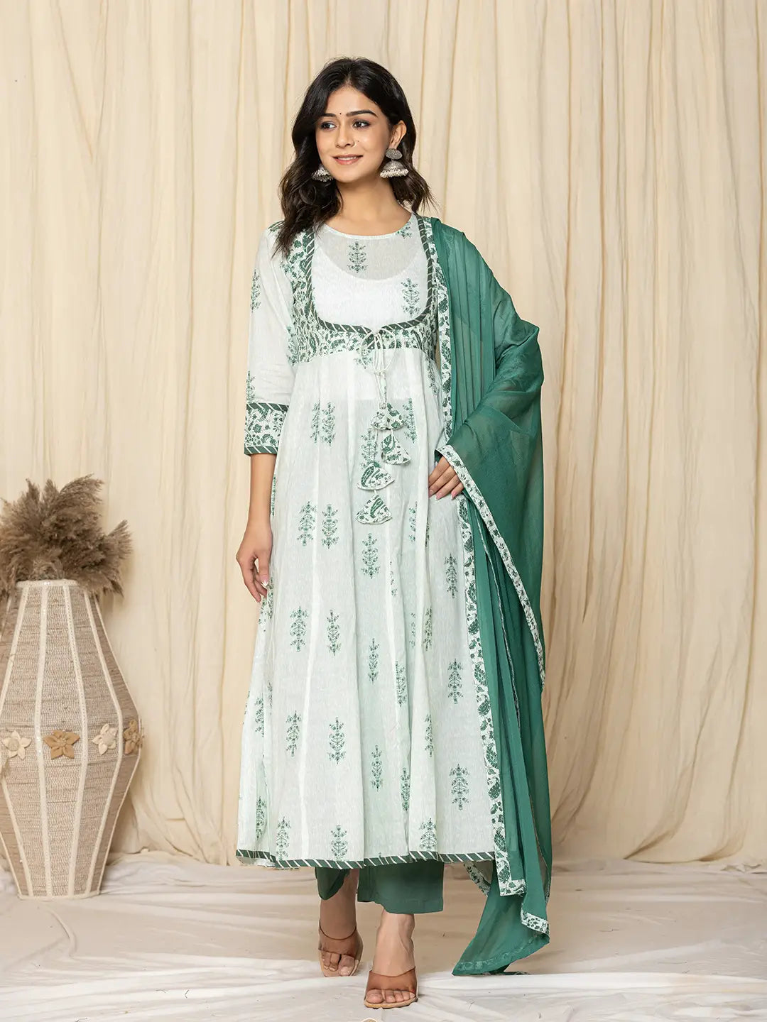 Yufta Green Sequins_Work Cotton Anarkali Kurta And Trouser With Dupatta Set - Swadesiicart