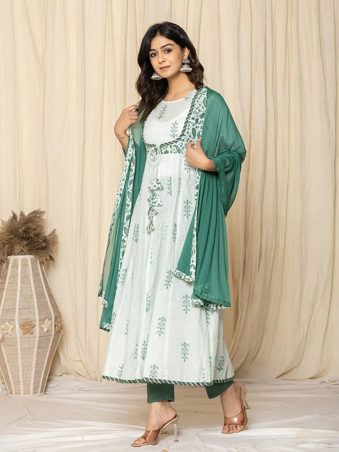 Yufta Green Sequins_Work Cotton Anarkali Kurta And Trouser With Dupatta Set - Swadesiicart