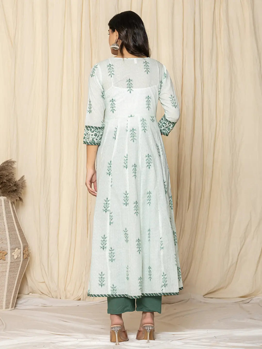 Yufta Green Sequins_Work Cotton Anarkali Kurta And Trouser With Dupatta Set - Swadesiicart