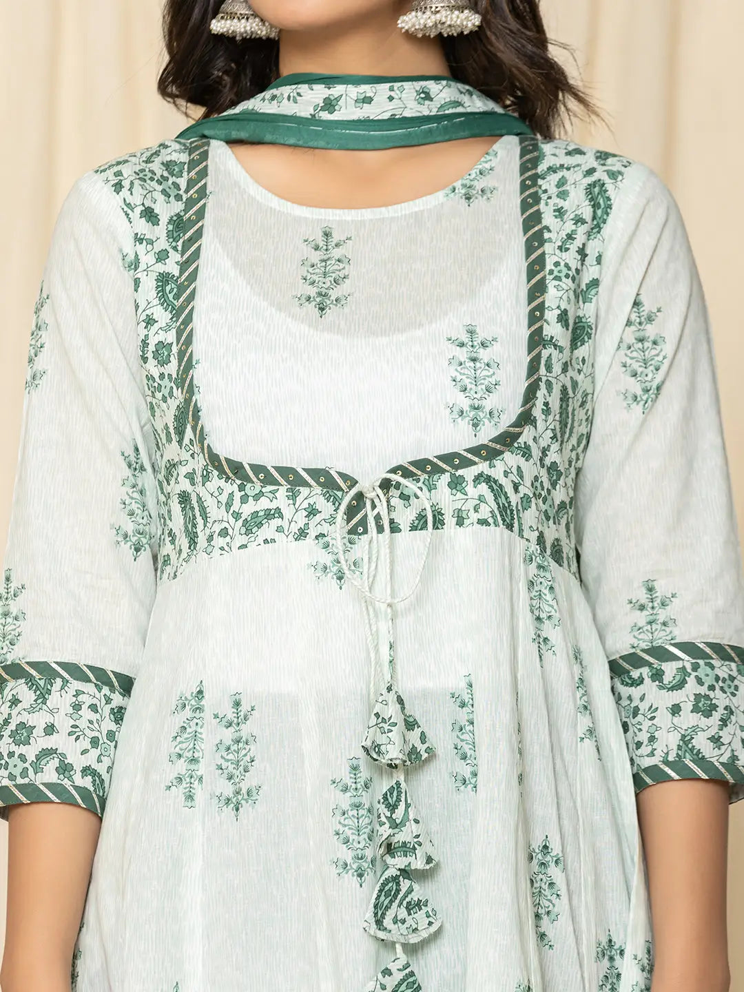 Yufta Green Sequins_Work Cotton Anarkali Kurta And Trouser With Dupatta Set - Swadesiicart