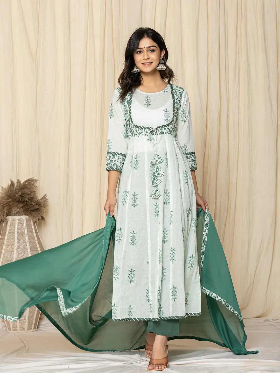 Yufta Green Sequins_Work Cotton Anarkali Kurta And Trouser With Dupatta Set - Swadesiicart