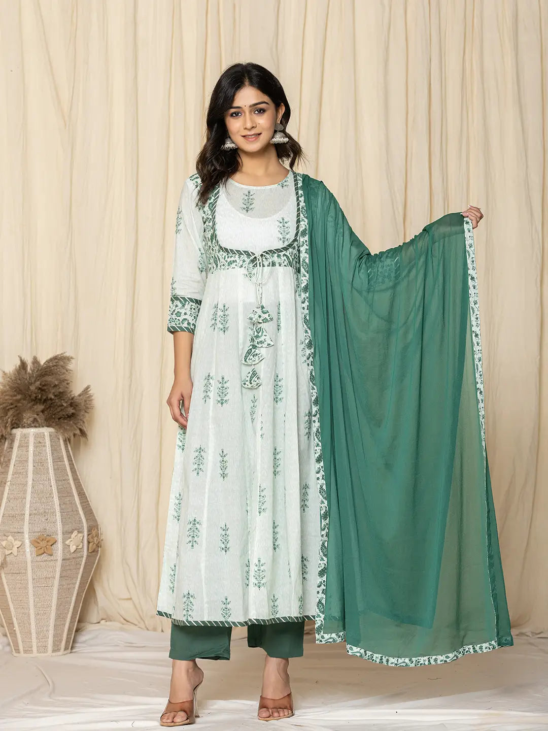 Yufta Green Sequins_Work Cotton Anarkali Kurta And Trouser With Dupatta Set - Swadesiicart