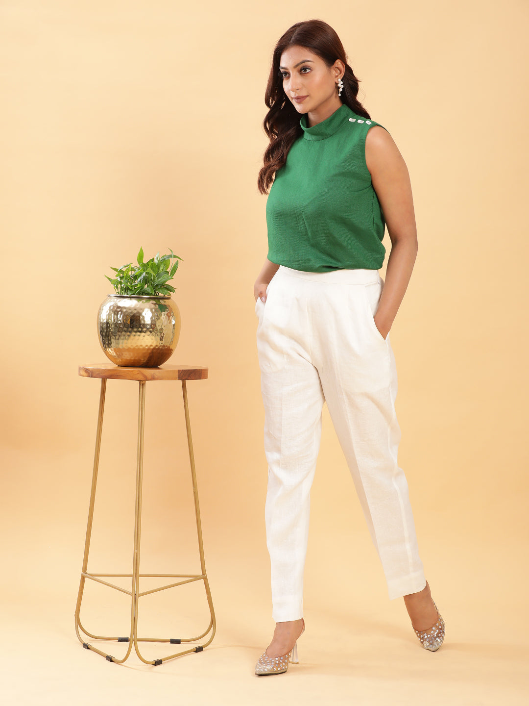 BohoJazz Green Fitted Top with Off-White Trousers Co-ord Set - Swadesiicart