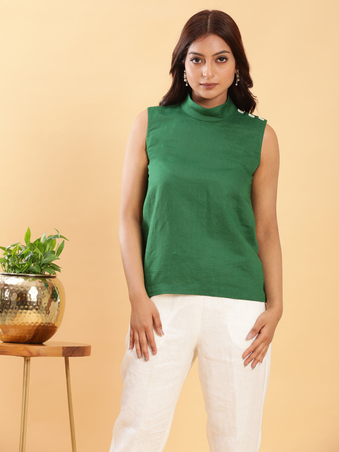 BohoJazz Green Fitted Top with Off-White Trousers Co-ord Set - Swadesiicart