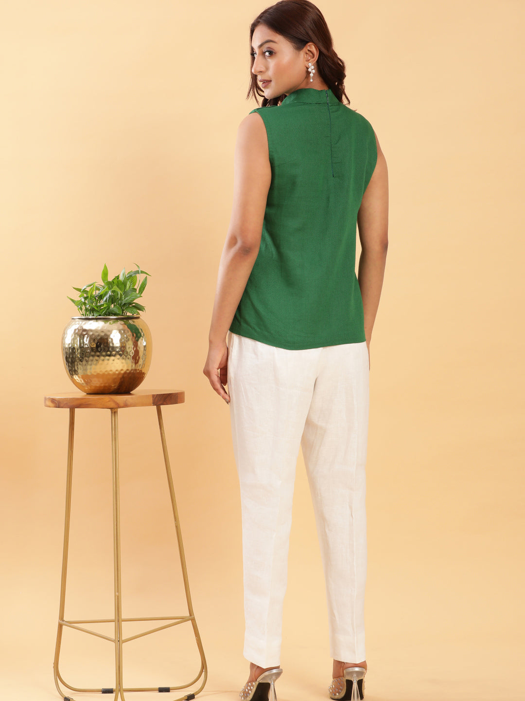 BohoJazz Green Fitted Top with Off-White Trousers Co-ord Set - Swadesiicart